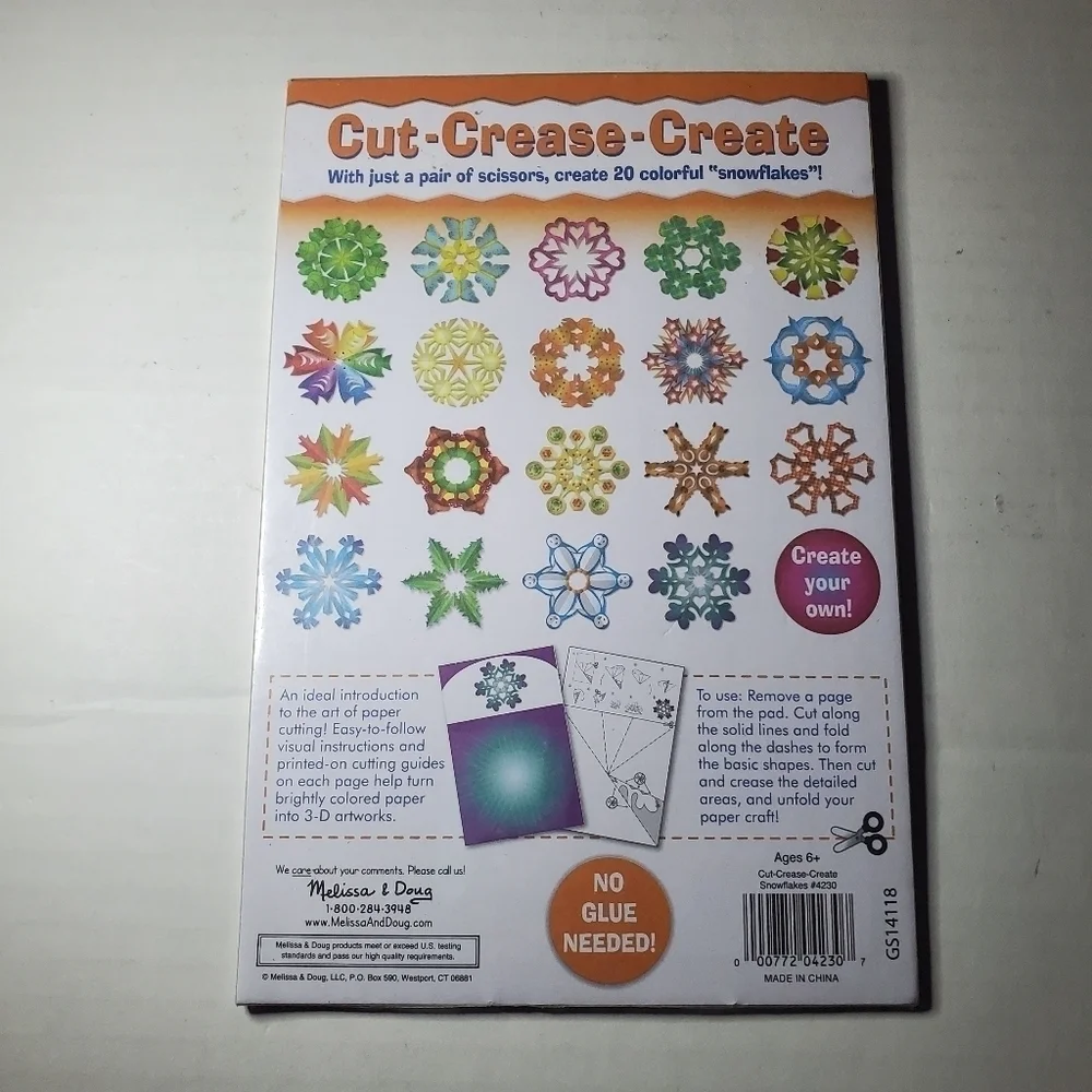 New Melisssa & Doug Cut-Crease-Create Snowflakes, No Glue Needed, 20 Snowflakes.
